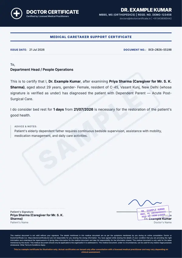 caretaker certificate sample
