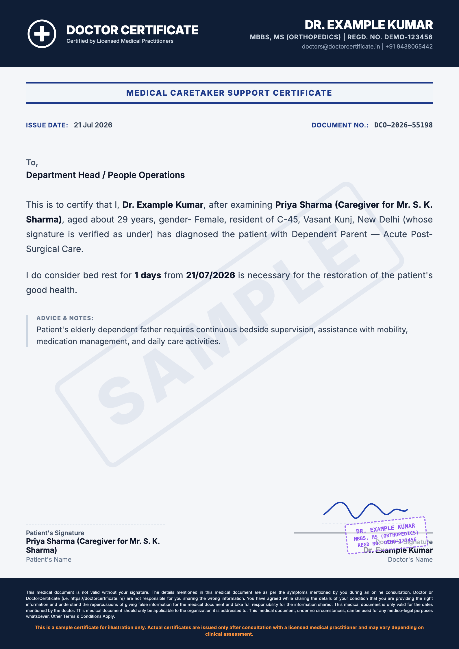 caretaker certificate sample