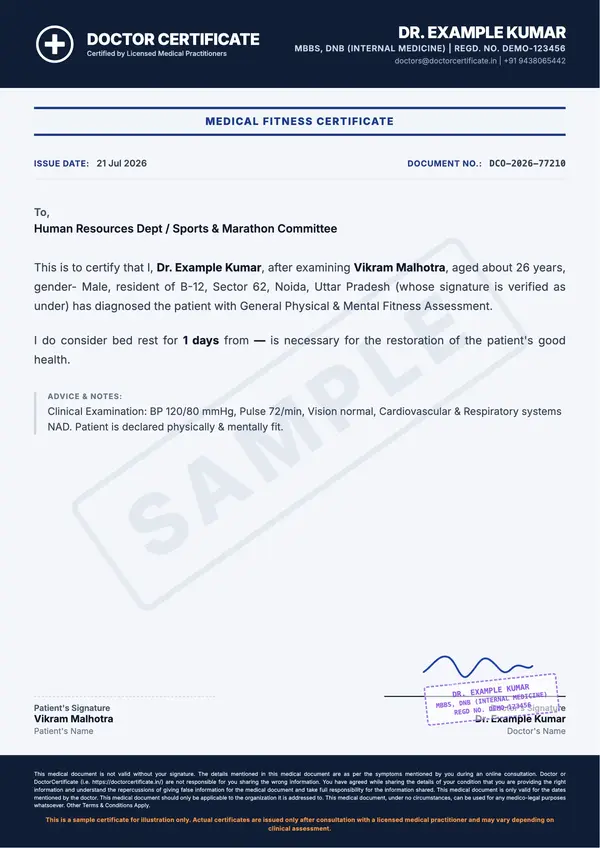 fitness certificate sample