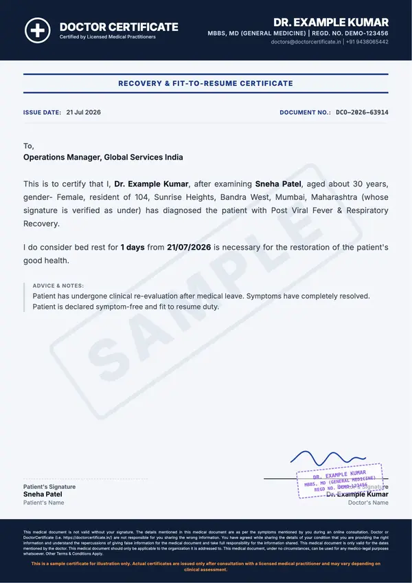 recovery certificate sample