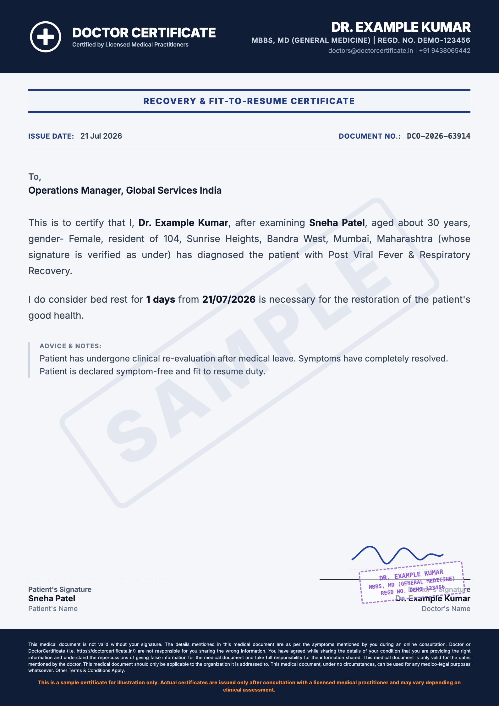 recovery certificate sample